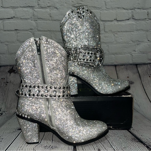 Club Exx Dolls Kill Icy Sheriff Shine Rhinestone Embellished Cowboy Boots - Picture 3 of 17